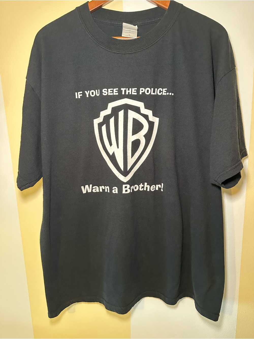 Warn A Brother T Shirt XL Black Funny Graphic Tee Police Parody WB Shield Logo